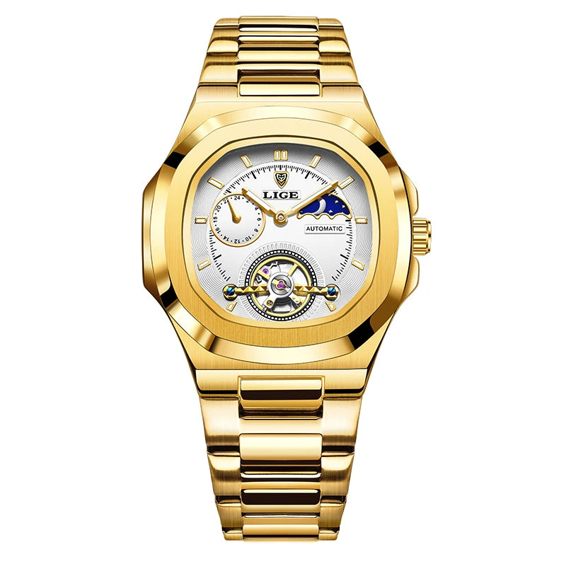 LIGE Dual Seconds Tourbillon Watch – Men's Stainless Steel Mechanical Timepiece, 24H, Night Glow, Waterproof