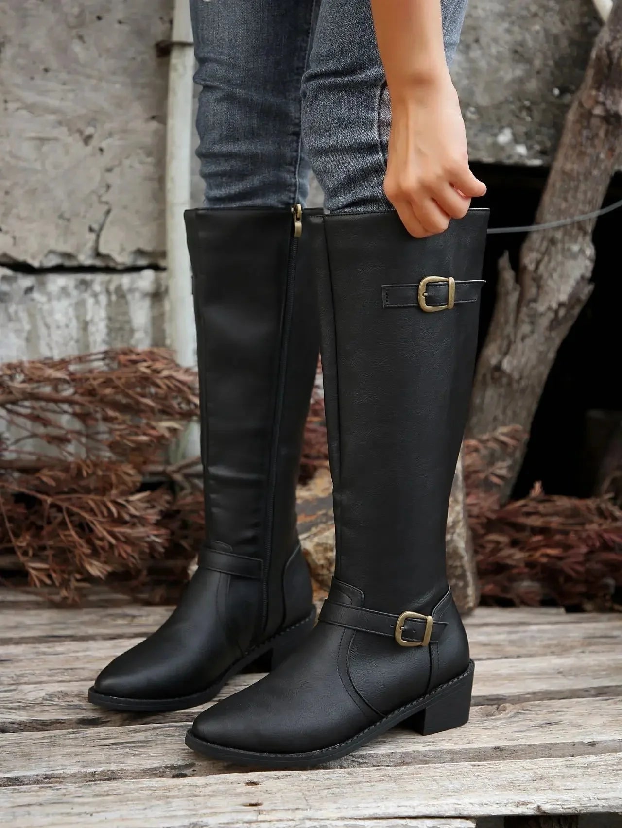 Women’s Winter High-Top Knight Boots – Side Zipper & Belt Buckle, Pointed Toe, PU Material with Cotton Lining