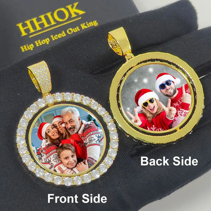 Customized Double-Side Photo Necklace – Personalized Picture Pendant with Cubic Zirconia, Hip Hop Jewelry Gift for Men & Women