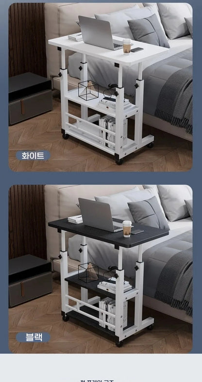 Double-Layer Movable Desk – Bedside Laptop Table with Storage Shelf, White Lift Office & Bedroom Desk