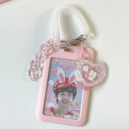 Vertical 11cm High-Value Card Holder - Flash Pink Love Clouds Gradient Design - Keychain Bus Student ID Holder