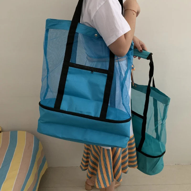 Women’s Waterproof Picnic & Beach Tote Bag – Double Layer Transparent Mesh Insulated Shopping Bag