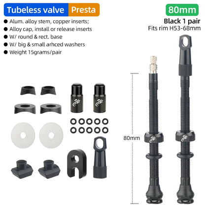 Bicycle Tubeless Presta Valve – Carbon Rim F/V Nipple with Detachable Brass Core & Cap for MTB Tires (40–80mm)