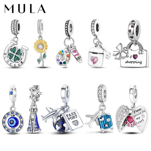 MULA Silver-Plated Sunflower & Four-Leaf Clover Dangle Charms - DIY 3MM Snake Chain Bracelet