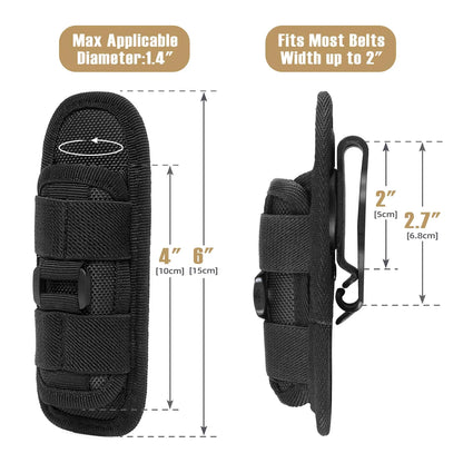 Tactical Flashlight Pouch Holster - Rotatable Holder with Belt Clip and 360-Degree Carabiner Reel Clip