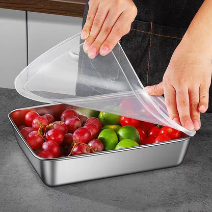 Stainless Steel Food Container with Lid – Thick Tray for Fresh-Keep Storage of Food, Fruit, and Kitchen Organization