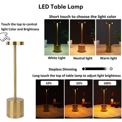 Classic USB Rechargeable Table Lamp – Stepless Dimming Touch Desk Lamp with 3 Colors for Bedside, Hotel & Bar Decoration