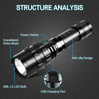 LED Tactical Hunting Flashlight - USB Rechargeable, Waterproof Torch Lamp, Professional Shooting & Night Scout Lights Set