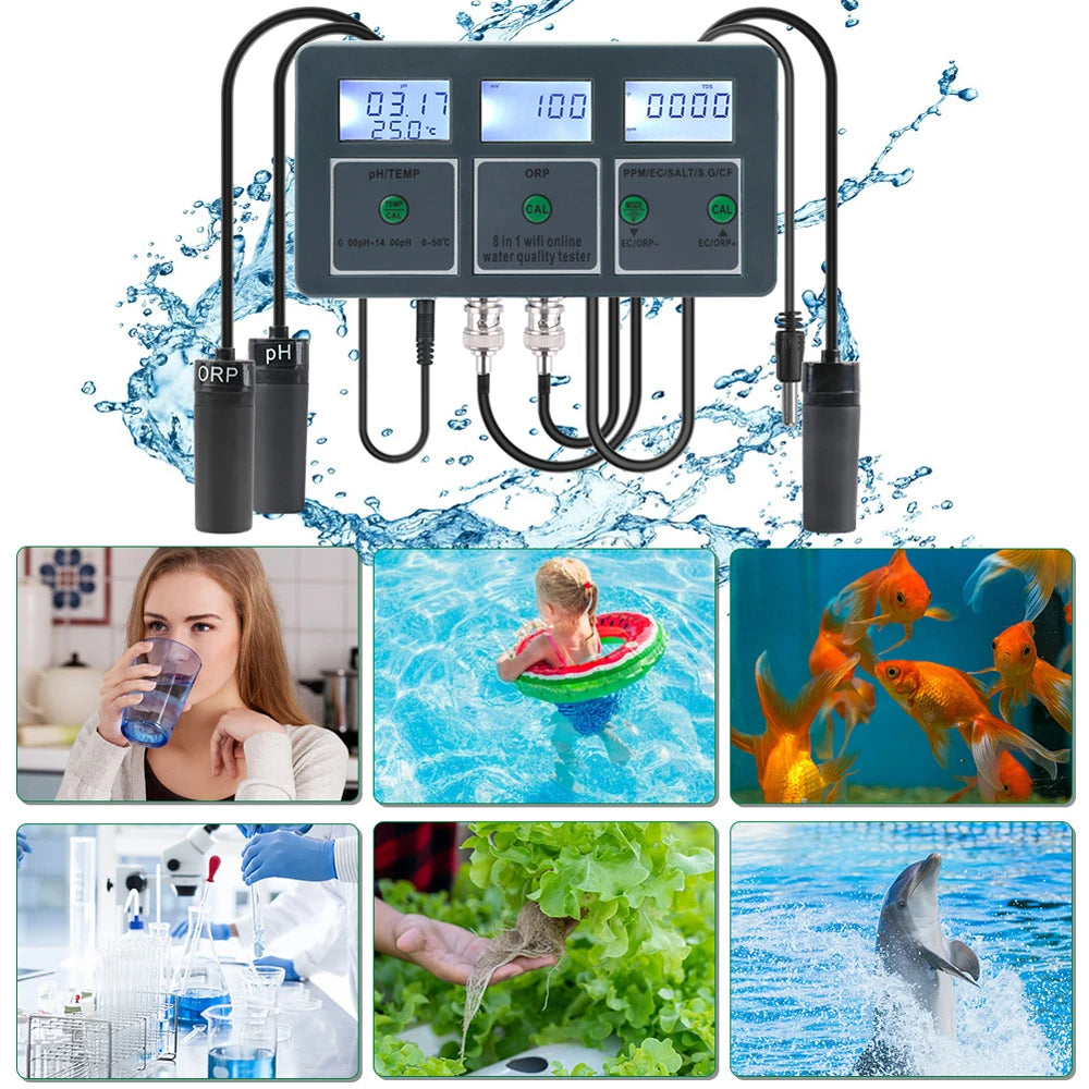 Tuya WiFi 8 in 1 Water Quality Tester – S.G, PH, EC, ORP, TDS, CF, Salt, Temp Analyzer for DIY Water Monitoring