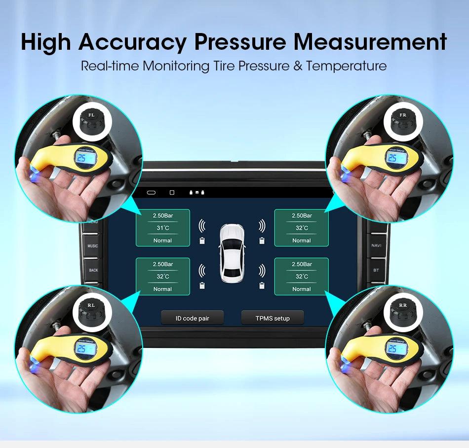 JMCQ USB Android TPMS Tire Pressure Monitoring System – 5 Internal/External Sensors with Display & Alarm for Car Navigation Radio