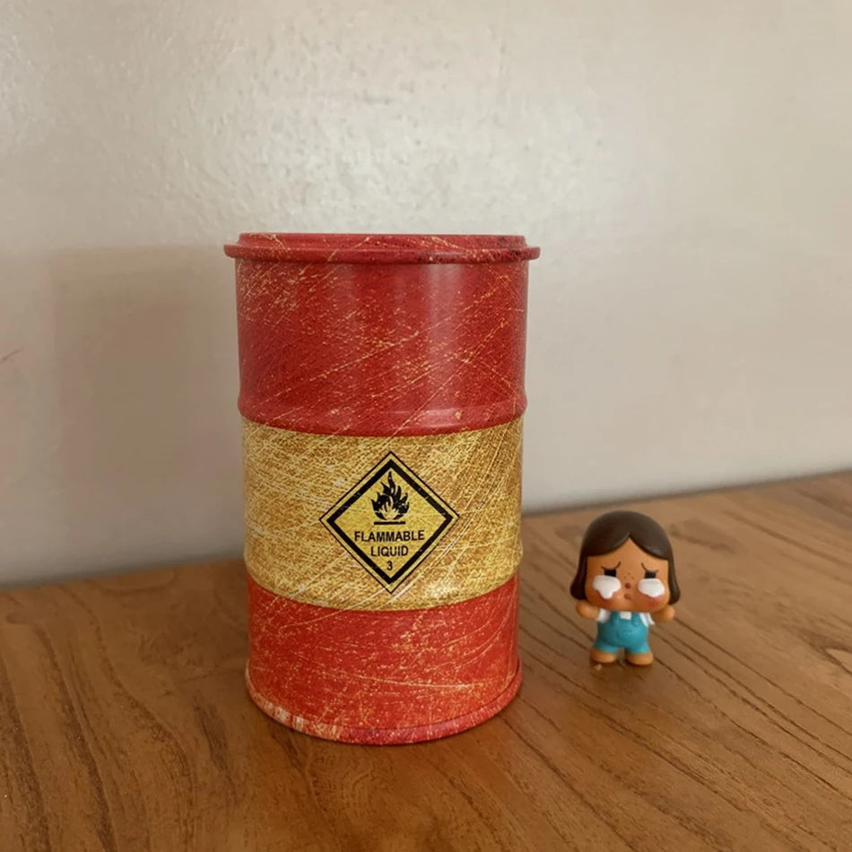 Iron Mini Oil Drum Model – Chemistry Car Desktop Decoration & Storage Box War Games Scene Toy for Boys