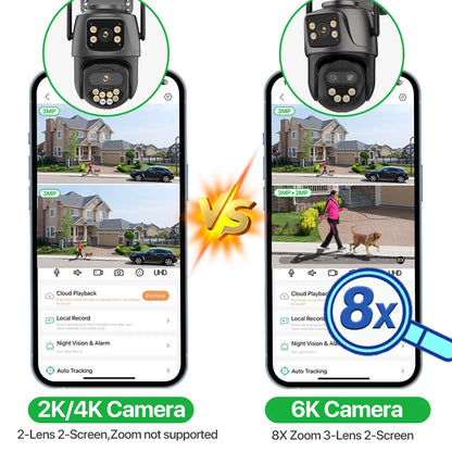 6K 9MP HD Outdoor IP Camera, 3-Lens, Dual Screen, 4K/8MP, Auto Tracking PTZ Security Surveillance with iCSee