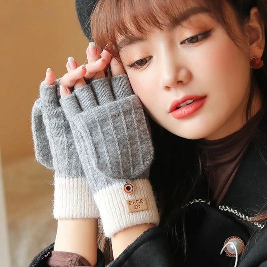 Knitted Fingerless Gloves for Men and Women - Autumn and Winter Windproof Woolen Gloves with Flip Cover for Outdoor Warmth