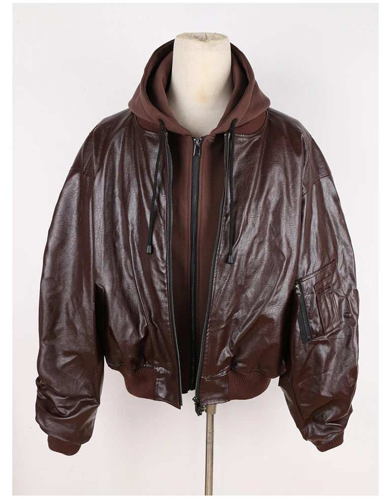 Mauroicardi Autumn Winter Oversized PU Leather Bomber Jacket for Men - Thickened Warm Hooded Luxury Designer Coat