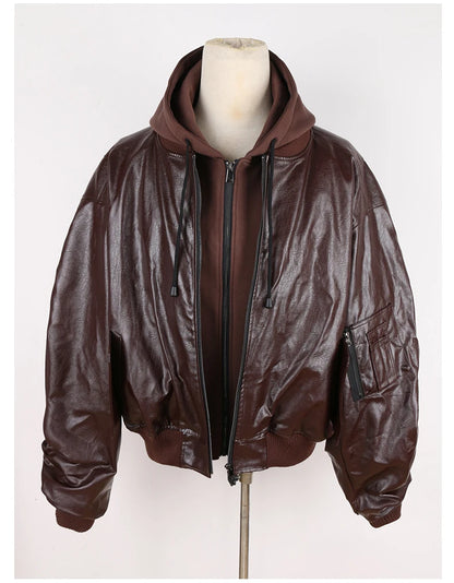 Mauroicardi Autumn Winter Oversized PU Leather Bomber Jacket for Men - Thickened Warm Hooded Luxury Designer Coat