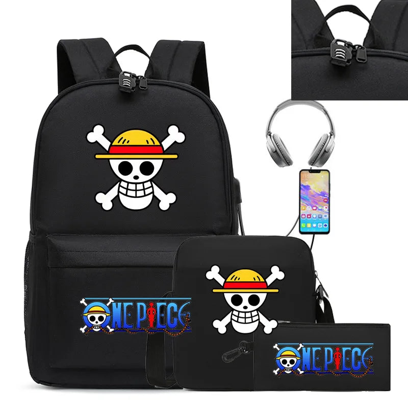 3PC One Piece Luffy School Backpack Set – Rechargeable Anime Bag for Boys & Girls, Student Cartoon Mochila