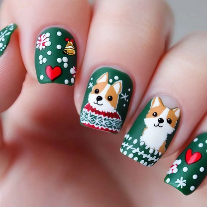 Medium Long Christmas Fake Nails – Square & Almond Tips with Tree, Snowflake & Snowman Designs