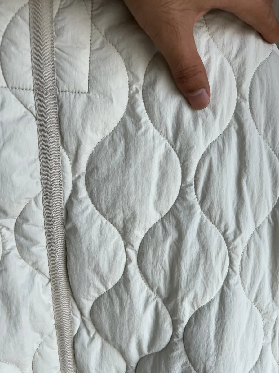 2024 ETJ Quilted Women's Coat – Beige Drawstring High Neck Jacket with Ties & Pockets