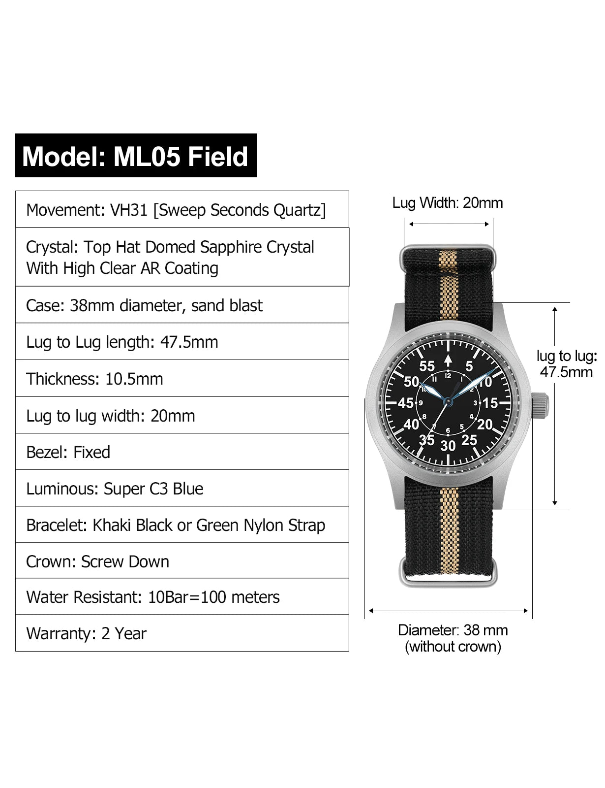 Militado ML05 Vintage Quartz Watch 38mm with VH31 Movement, Domed Sapphire Crystal, AR Coating & Luminous Dial