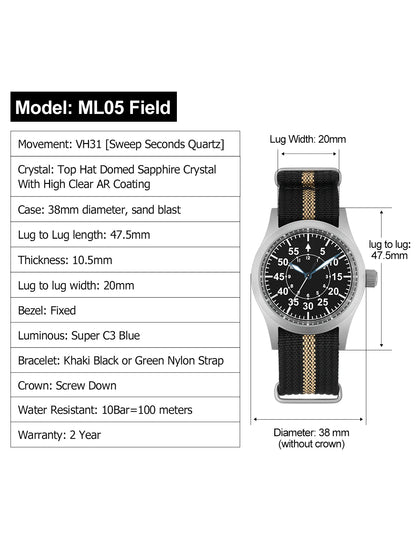 Militado ML05 Vintage Quartz Watch 38mm with VH31 Movement, Domed Sapphire Crystal, AR Coating & Luminous Dial