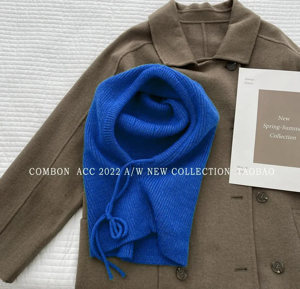 Winter Knitted Hooded Balaclava Hats for Women – Korean Style Outdoor Warmer Beanie with Drawstring Neck Collar