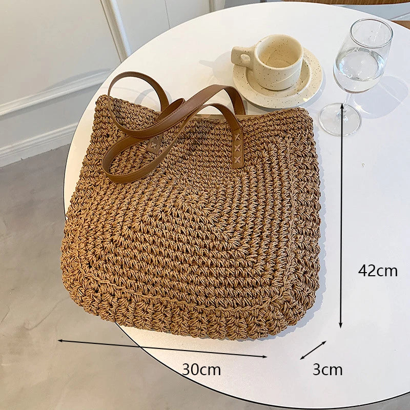 Handmade Woven Straw Beach Bag – Large Capacity Women’s Raffia Shoulder Tote for Summer Travel
