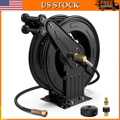 50FT Auto-Retractable Pressure Washer Hose Reel – Heavy Duty 300 PSI Steel Dual Arm Hose for Power Washers