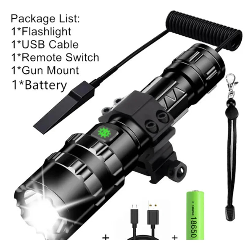 LED Tactical Hunting Flashlight - USB Rechargeable, Waterproof Torch Lamp, Professional Shooting & Night Scout Lights Set
