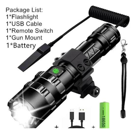 LED Tactical Hunting Flashlight - USB Rechargeable, Waterproof Torch Lamp, Professional Shooting & Night Scout Lights Set