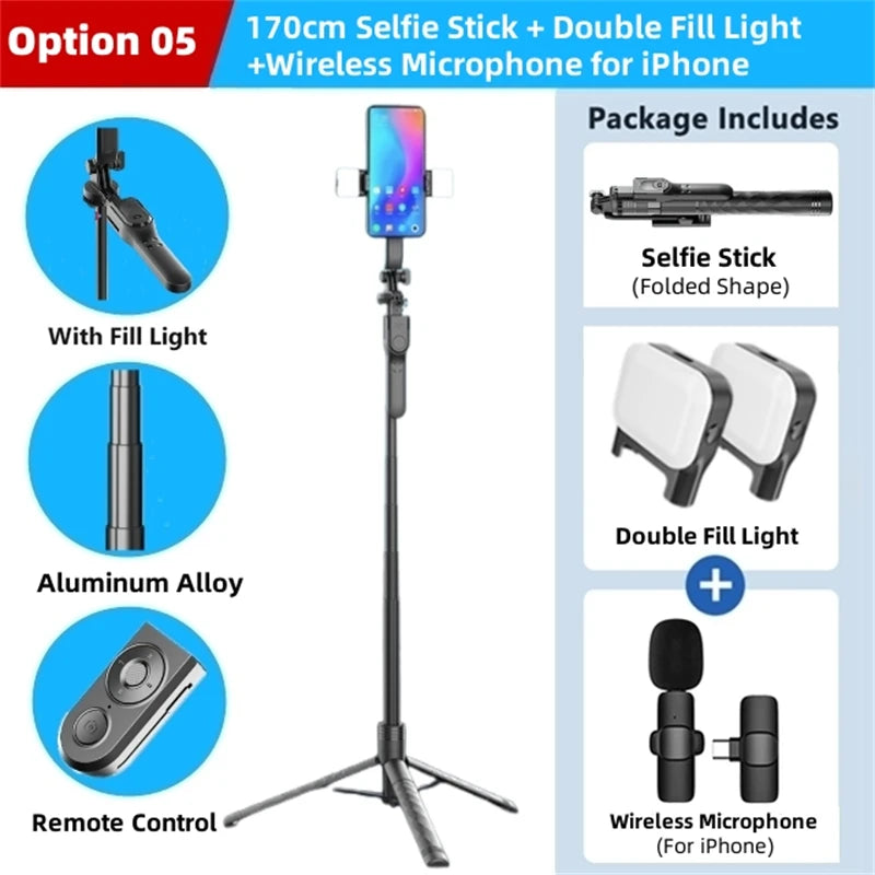 FANGTUOSI 1750mm Wireless Selfie Stick Tripod – Foldable Monopod with LED Light for Smartphones, Steady Live Shooting
