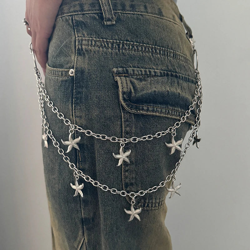 Unisex Jeans Pants Chain Belts - Punk Metal Crescent Geometric Bag Chain, Hip Hop Hipster Keychain for Men & Women