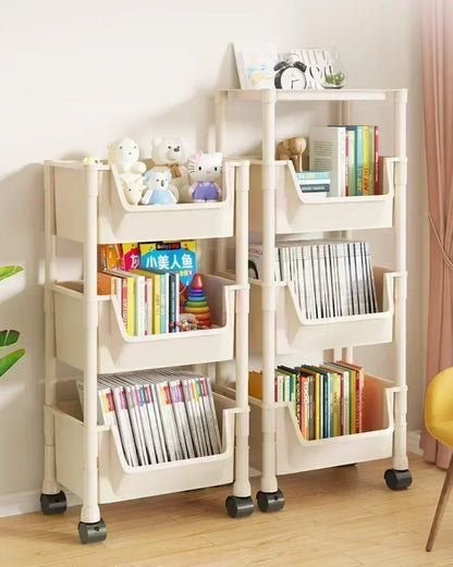 Movable Trolley Bookshelf – Portable Kitchen, Bathroom, and Living Room Storage Cabinet with Corner Narrow Shelf