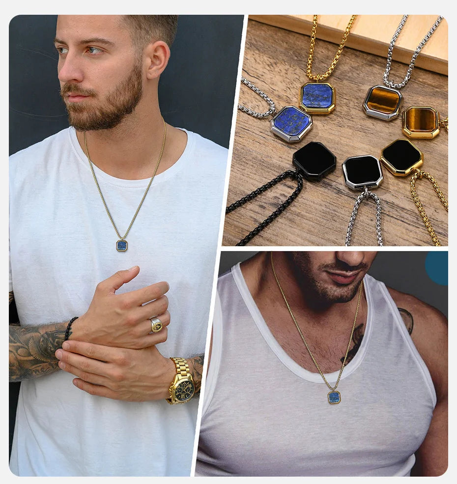 Vnox Stylish Men's Square Natural Stone Necklace - Stainless Steel Geometric Polygon Pendant, Casual Punk Jewelry Gift