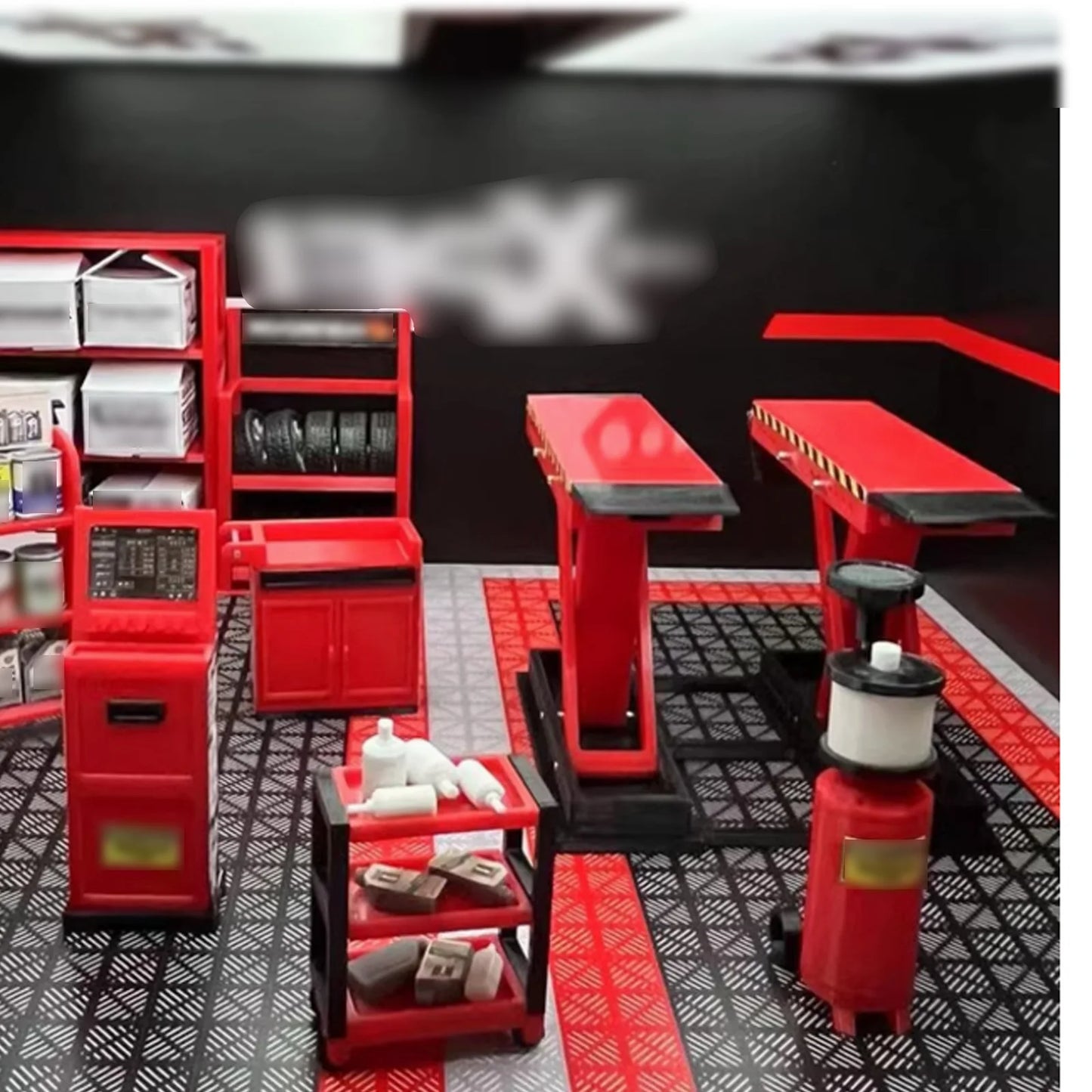 1:18 Car Model Repair Shop Diorama – 9-Piece Modification Parts Set for Collectors & Hobbyists with DIY Tools