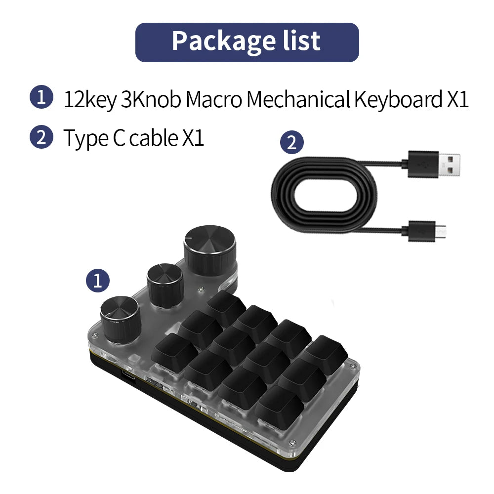 Bluetooth 12-Key RGB Macro Keyboard — 3 Knob Mechanical Hotswap Keypad for Photoshop & Gaming