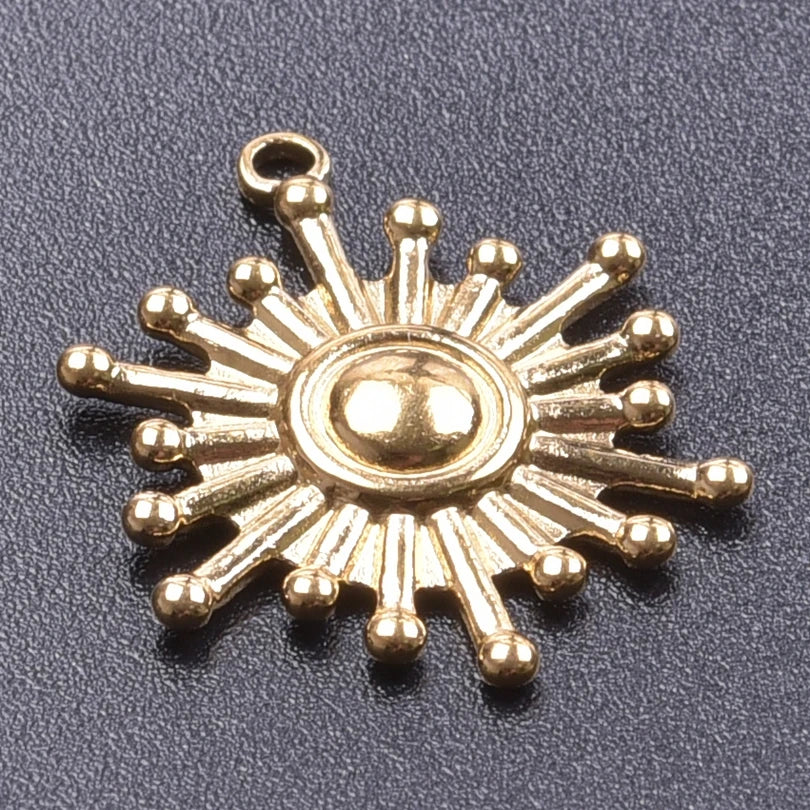 6pcs Real Gold-Plated Sun Charms - Stainless Steel Jewelry Making Pendants, Heart, Moon & Sunshine Design
