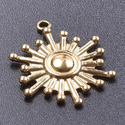 6pcs Real Gold-Plated Sun Charms - Stainless Steel Jewelry Making Pendants, Heart, Moon & Sunshine Design