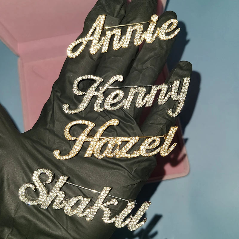 Rhinestone Customized Name Brooch – Handmade Custom Name Plate Pins for Birthday, Wedding & Party Badges