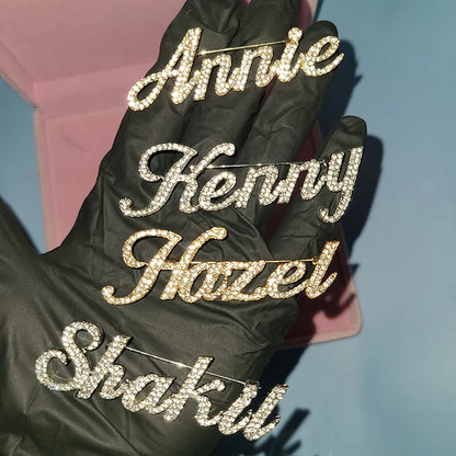 Rhinestone Customized Name Brooch – Handmade Custom Name Plate Pins for Birthday, Wedding & Party Badges