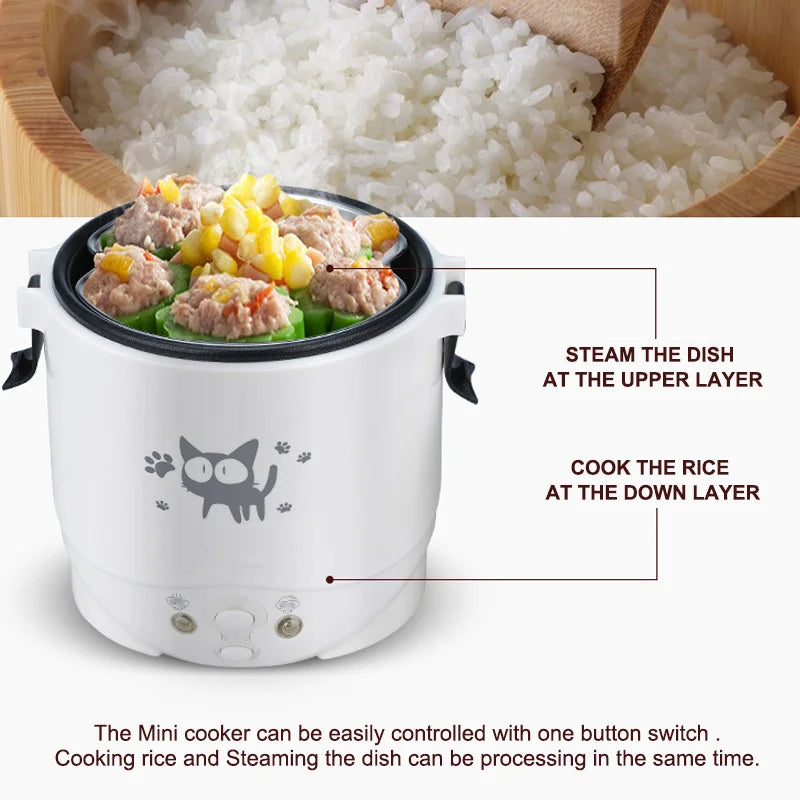 Electric Mini Rice Cooker, Portable Multi-Cooker for Car & Home, 12V/24V/220V, Cooking Pot for Truck & Household Use