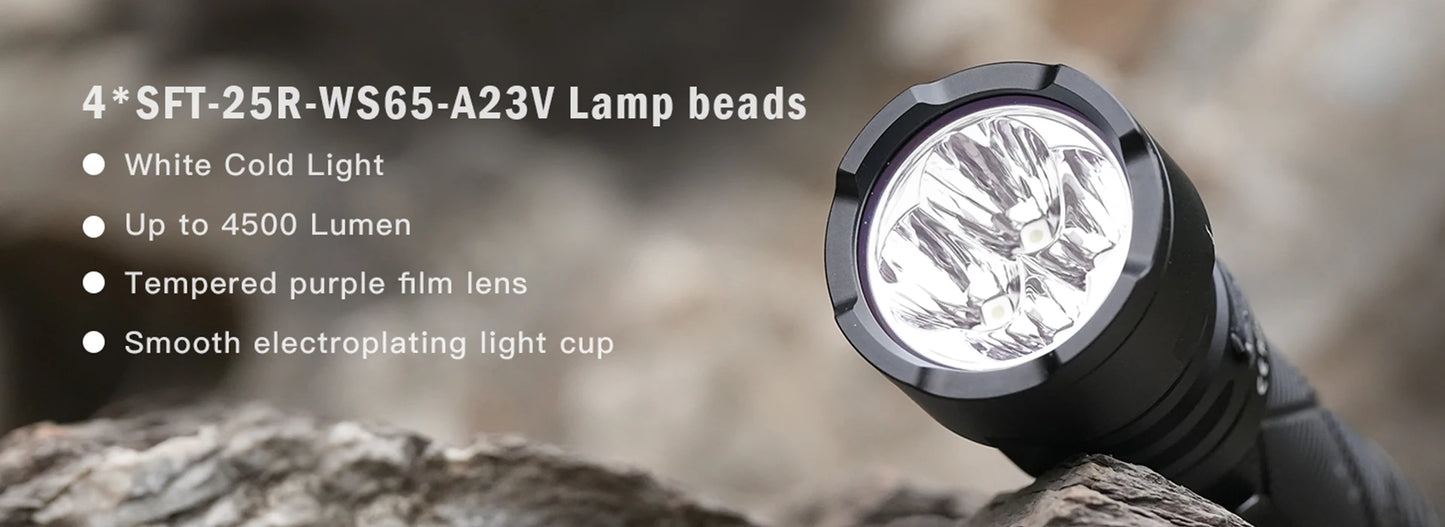 Sofirn SR15 Flashlight – 4500 Lumen SFT25R LED, 21700 USB-C Rechargeable Torch with 5V/3A Charge