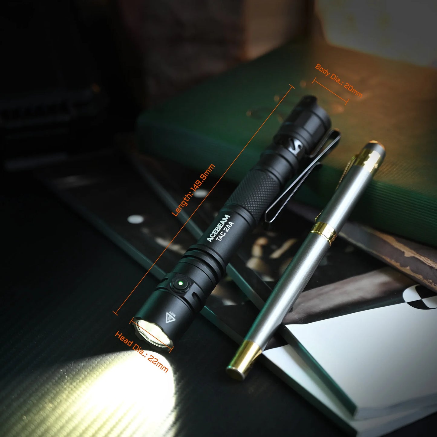 ACEBEAM TAC 2AA LED Flashlight — 1600 Lumen Portable EDC Torch, 181m Beam, USB-C Rechargeable with Dual Buttons