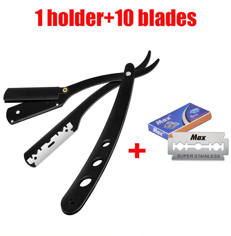 1 Holder + 10/20 Blades Straight Folding Shaver — Men's Manual Razor with Sharp Barber Blade