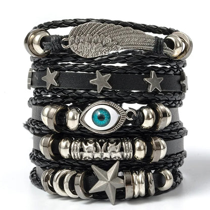 6PCS Black Punk Bracelet Set – Skull & Star Shaped Alloy with PU Leather