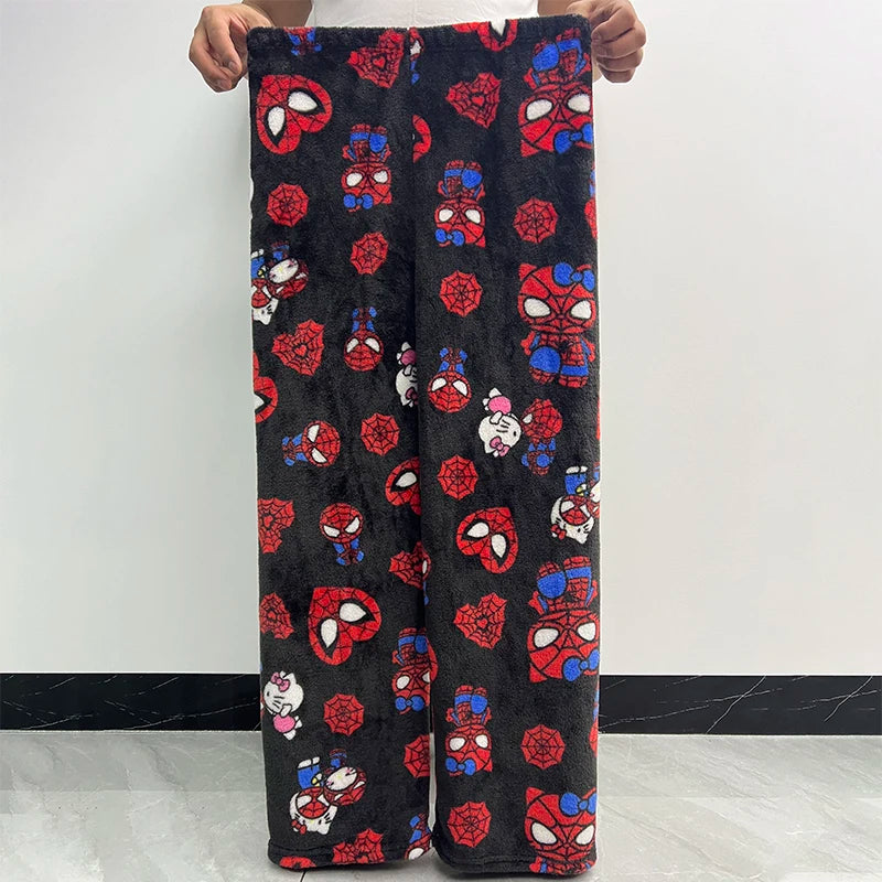 Hello Kitty Spider-Man Cotton Velvet Pajamas - Loose Long Pants, Cartoon Sleepwear for Women and Men, Casual Wear