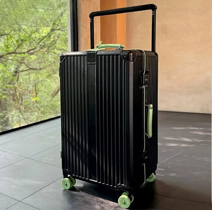 Aluminum Frame Rolling Luggage — Wide Handlebar Trolley Suitcase with Colorful Silent Spinner Wheels, TSA Lock & Large Capacity