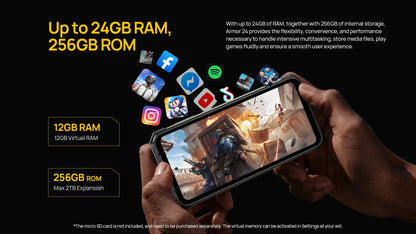 Ulefone Armor 24 Rugged Phone - 22000mAh, 24GB+256GB, 6.78" 120Hz Display, 64MP+64MP Camera, NFC, LED Light, Global Version