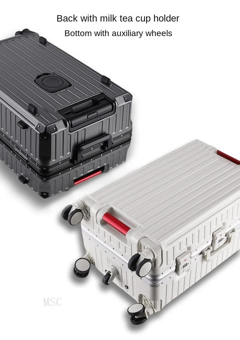 30-Inch Five-Wheel Aluminum Frame Suitcase — Multifunctional Cabin Luggage with Password Lock, USB Port & Cup Holder