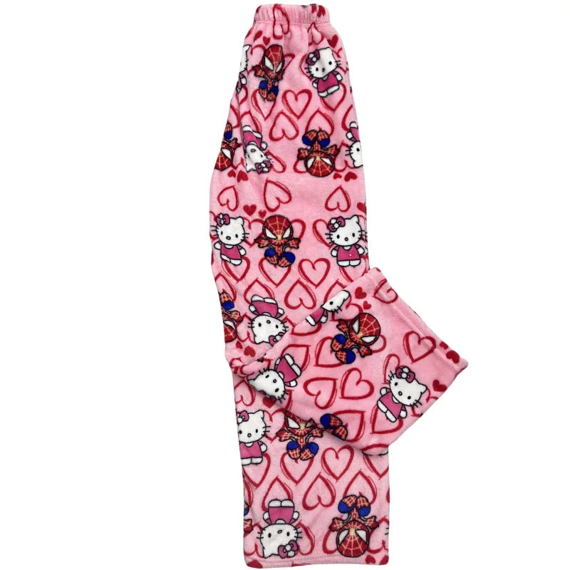 Hello Kitty Spider-Man Cotton Velvet Pajamas - Loose Long Pants, Cartoon Sleepwear for Women and Men, Casual Wear
