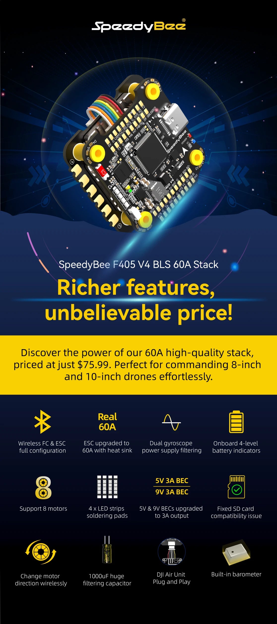 SpeedyBee F405 V4 BLS 60A 30x30 FC & ESC Stack for FPV Racing Drones